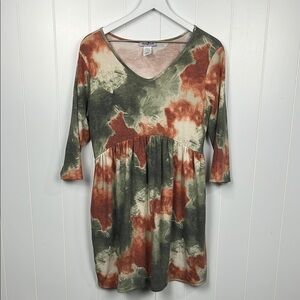 Perfectly Priscilla Womens Tunic/Mini M Rust Green Tie Dye Pattern 3/4 Sleeves